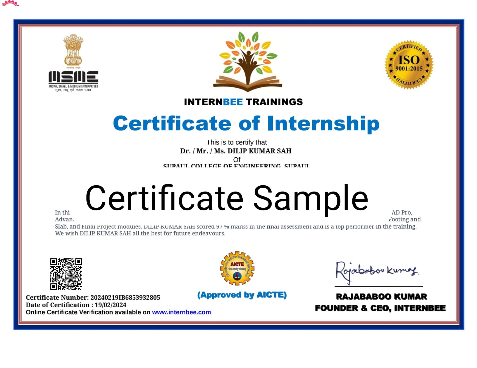 InternBee sample certificate